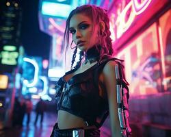 un foto de un niña en un luces de neón cyberpunk atuendo en un futurista paisaje urbano a noche ai generativo