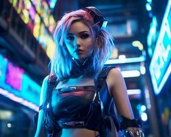 un foto de un niña en un luces de neón cyberpunk atuendo en un futurista paisaje urbano a noche ai generativo