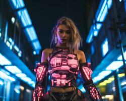 un foto de un niña en un luces de neón cyberpunk atuendo en un futurista paisaje urbano a noche ai generativo