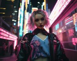 un foto de un niña en un luces de neón cyberpunk atuendo en un futurista paisaje urbano a noche ai generativo