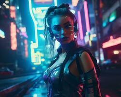 un foto de un niña en un luces de neón cyberpunk atuendo en un futurista paisaje urbano a noche ai generativo