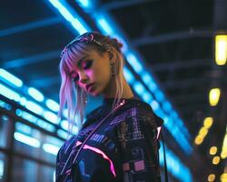 un foto de un niña en un luces de neón cyberpunk atuendo en un futurista paisaje urbano a noche ai generativo