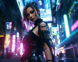 un foto de un niña en un luces de neón cyberpunk atuendo en un futurista paisaje urbano a noche ai generativo