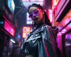 un foto de un niña en un luces de neón cyberpunk atuendo en un futurista paisaje urbano a noche ai generativo