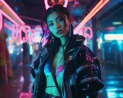 A photo of a girl in a neon-lit cyberpunk attire in a futuristic cityscape at night AI Generative