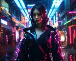 A photo of a girl in a neon-lit cyberpunk attire in a futuristic cityscape at night AI Generative