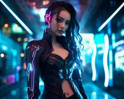 un foto de un niña en un luces de neón cyberpunk atuendo en un futurista paisaje urbano a noche ai generativo