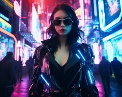 un foto de un niña en un luces de neón cyberpunk atuendo en un futurista paisaje urbano a noche ai generativo