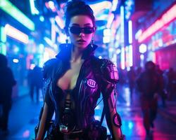 un foto de un niña en un luces de neón cyberpunk atuendo en un futurista paisaje urbano a noche ai generativo