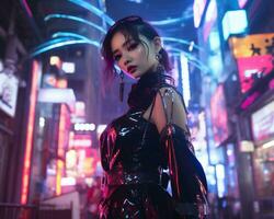 A photo of a girl in a neon-lit cyberpunk attire in a futuristic cityscape at night AI Generative