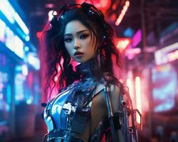 un foto de un niña en un luces de neón cyberpunk atuendo en un futurista paisaje urbano a noche ai generativo