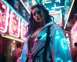 A photo of a girl in a neon-lit cyberpunk attire in a futuristic cityscape at night AI Generative