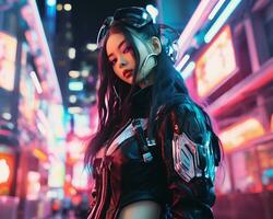 un foto de un niña en un luces de neón cyberpunk atuendo en un futurista paisaje urbano a noche ai generativo