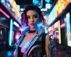 un foto de un niña en un luces de neón cyberpunk atuendo en un futurista paisaje urbano a noche ai generativo