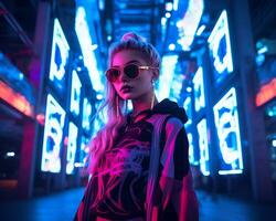 un foto de un niña en un luces de neón cyberpunk atuendo en un futurista paisaje urbano a noche ai generativo