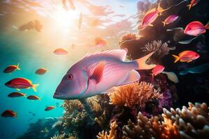 AI Generative of a school of colorful fish swimming around a coral reef photo