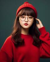 AI Generative Beautiful asian girl wearing red sweater glasses and hat photo