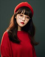 AI Generative Beautiful asian girl wearing red sweater glasses and hat photo