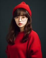 AI Generative Beautiful asian girl wearing red sweater glasses and hat photo