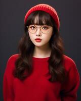 AI Generative Beautiful asian girl wearing red sweater glasses and hat photo