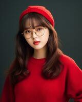 ai generativo hermosa asiático niña vistiendo rojo suéter lentes y sombrero foto