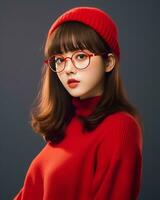 ai generativo hermosa asiático niña vistiendo rojo suéter lentes y sombrero foto