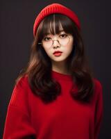 AI Generative Beautiful asian girl wearing red sweater glasses and hat photo