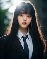 AI Generative Beautiful asian girl wearing black suit shirt and tie photo