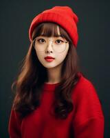 ai generativo hermosa asiático niña vistiendo rojo suéter lentes y sombrero foto