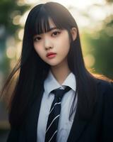 ai generativo hermosa asiático niña vistiendo negro traje camisa y Corbata foto