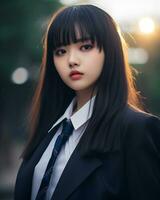 AI Generative Beautiful asian girl wearing black suit shirt and tie photo