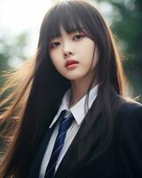 AI Generative Beautiful asian girl wearing black suit shirt and tie photo