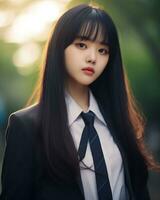 AI Generative Beautiful asian girl wearing black suit shirt and tie photo