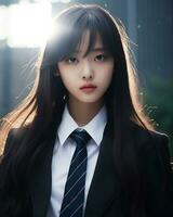 AI Generative Beautiful asian girl wearing black suit shirt and tie photo