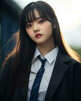 AI Generative Beautiful asian girl wearing black suit shirt and tie photo