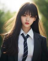 AI Generative Beautiful asian girl wearing black suit shirt and tie photo