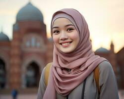 ai generativo hermosa asiático musulmán niña vistiendo hijab foto