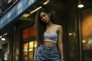 Beautiful asian girl on trandy casual outfit AI Generative photo