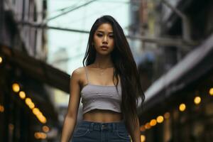 Beautiful asian girl on trandy casual outfit AI Generative photo