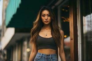 Beautiful asian girl on trandy casual outfit AI Generative photo