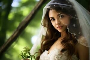 Beautiful asian girl on bride dress AI Generative photo