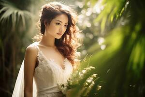 Beautiful asian girl on bride dress AI Generative photo