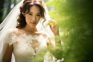 Beautiful asian girl on bride dress AI Generative photo