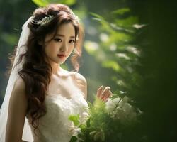 Beautiful asian girl on bride dress AI Generative photo