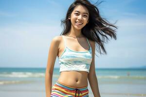 hermosa asiático niña disfrutando verano en el playa ai generativo foto