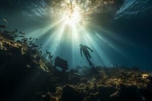 Free diver exploring a shipwreck AI Generative photo