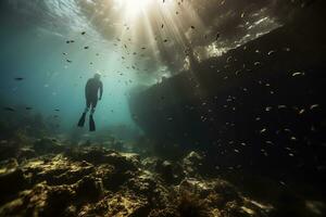 Free diver exploring a shipwreck AI Generative photo