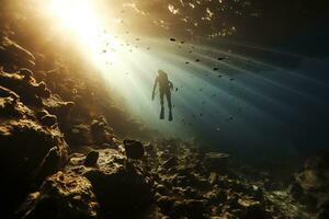 Free diver exploring a shipwreck AI Generative photo