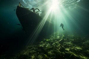 Free diver exploring a shipwreck AI Generative photo