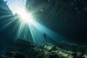 Free diver exploring a shipwreck AI Generative photo